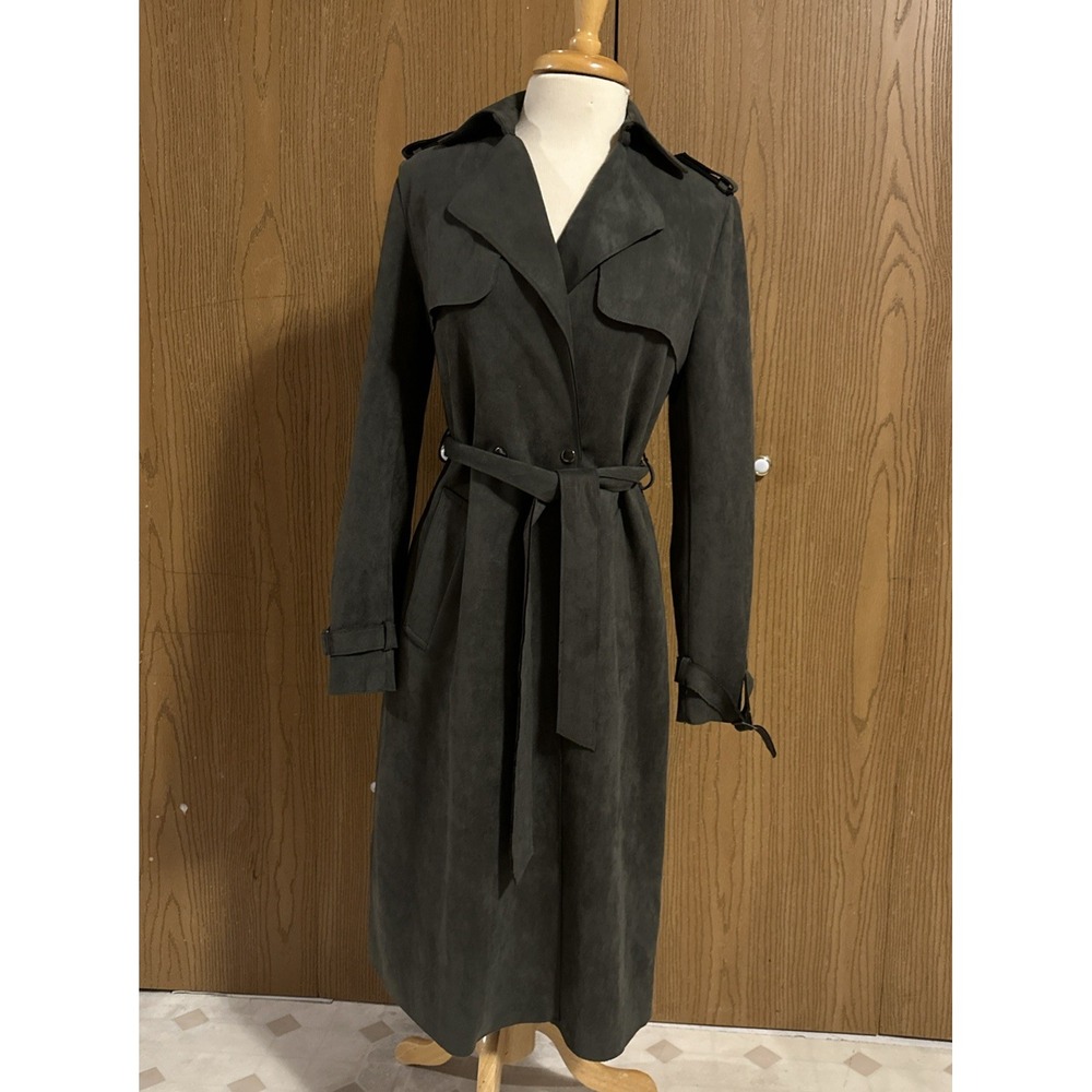 Nine West Women Trench Coat Green gray Faux Suede Size M